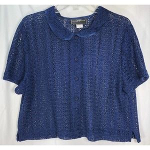 Vintage Molly Malloy Navy Crocheted Cropped Womens Button Up Shirt Size 14-240